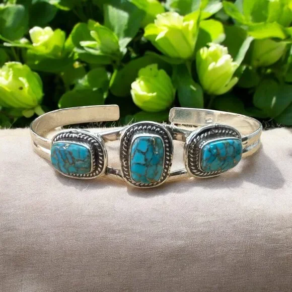 Kingman Blue Copper Turquoise 925 Sterling Silver Cuff Bracelet Hanmade Stamped